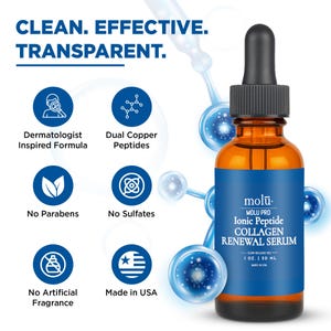 Pu&ograve; includere: Una bottiglia di vetro marrone di Molu Pro Ionic Peptide Collagen Renewal Serum con un contagocce nero. La bottiglia ha un'etichetta blu con testo bianco ed &egrave; circondata da grafica blu e bianca. Il testo recita: Clean. Effective. Transparent.