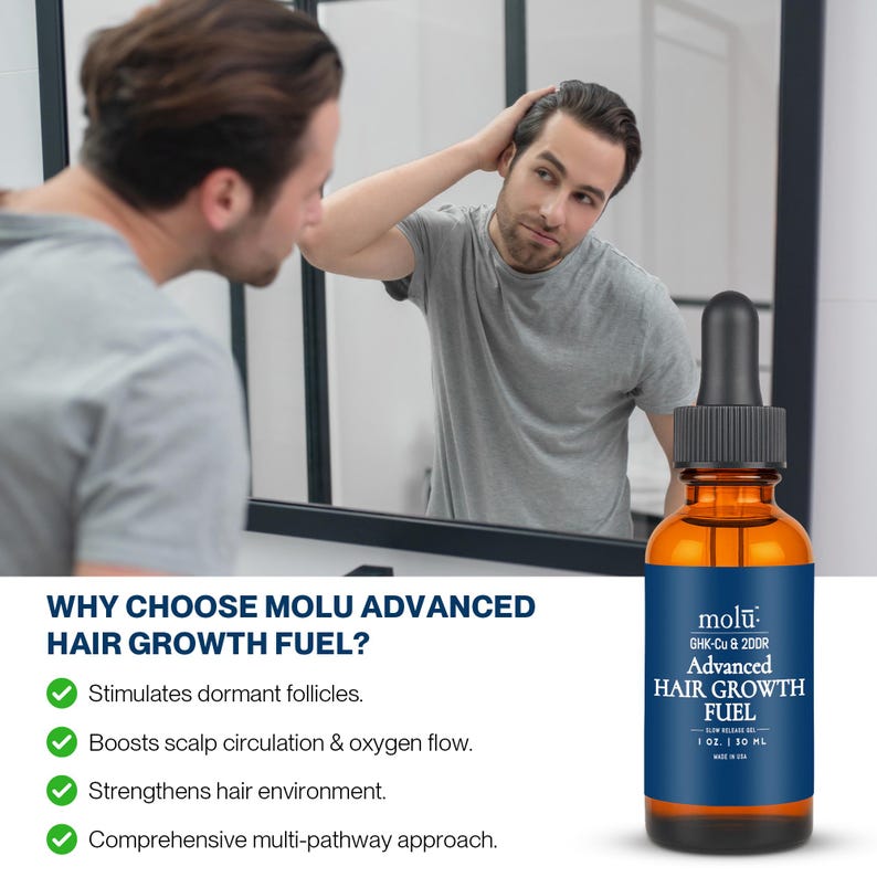 May include: A brown glass bottle of Molu Advanced Hair Growth Fuel with a dropper, next to a man looking in a mirror. The bottle has a blue label with white text. The text on the bottle reads "HAIR GROWTH FUEL".