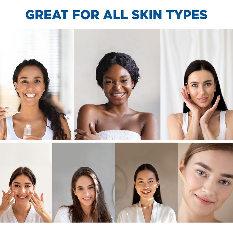 Pu&ograve; includere: Immagine pubblicitaria con sei donne sorridenti di diverse etnie. Il testo &laquo;GREAT FOR ALL SKIN TYPES&raquo; &egrave; in alto. Le donne applicano prodotti per la cura della pelle, suggerendo una campagna per prodotti di bellezza.
