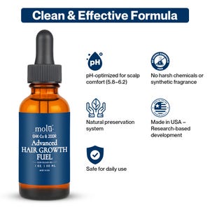 May include: A brown glass bottle with a black dropper, labeled "HAIR GROWTH FUEL." The label includes the text "Advanced 2-Deoxy-D-Ribose & GHK-Cu" and "1 oz. | 30 ml." Additional text states "pH-optimized" and "Made in USA."