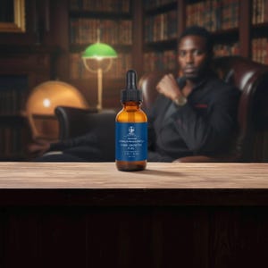 May include: A brown glass bottle with a black dropper, labeled "Advanced Hair Growth Fuel." The bottle has a blue label with white text and a logo. The bottle is on a wooden surface, with a blurred background of a library and a person.