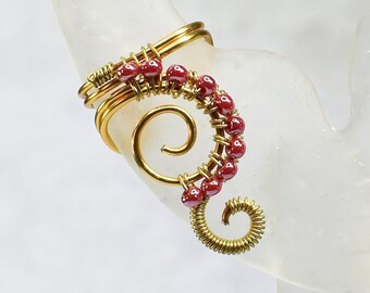 Gold Colored Ear Cuff with Red Glass Beads  - RIGHT ear only