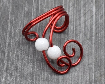 Red Swirly Ear Cuff with White Quartz Beads  - Left ear only