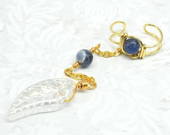 Gold and Sodalite Ear Cuff with Clear Glass Leaf Charm - LEFT Ear Only
