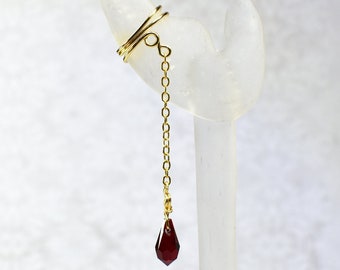 Gold Ear Cuff with Red Crystal Charm - RIGHT Ear Only