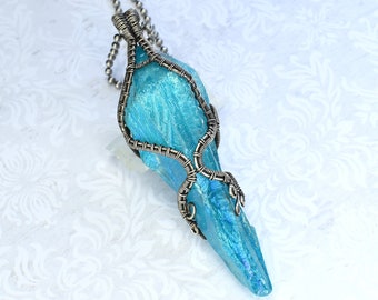 Sterling Silver Wrapped Blue Aura Quartz Crystal Point Necklace