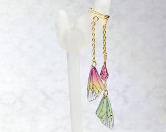 Gold Ear Cuff with Butterfly Wings and Pink Crystal Charm - LEFT Ear Only