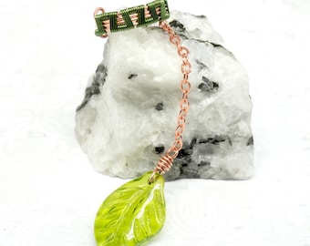 Copper and Green Ear Cuff with Glass Leaf Charm - LEFT Ear Only
