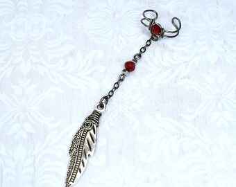 Gray and Red Ear Cuff with Feather Charm - RIGHT Ear Only