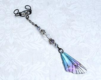 Black Ear Cuff with glass beads and Blue and Pink Butterfly Wing Charm - RIGHT Ear Only