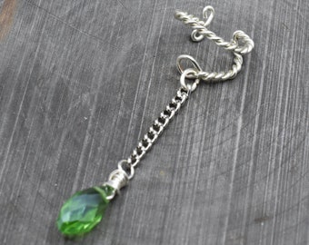 Silver Colored Twist and Chain Ear Cuff with Green Glass Teardrop  - Right ear only