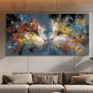 Whisker’s Reflection - Colorful Cat Canvas Wall Art, Abstract Feline Portrait Painting with Vibrant Brushstrokes, Modern Pet Lover Decor