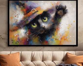 Bigodes Mágicos - Arte de Parede em Tela com Gato Preto e Encantador para o Halloween, Chapéu de Bruxa Colorido e Abstrato, Decoração de Outono Divertida, Presente Moderno para Amantes de Gatos