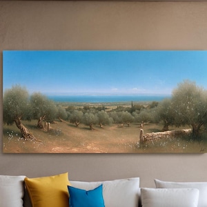 Warmth of Tuscany - Olive Grove Landscape Wall Art, Mediterranean Oil Watercolor Painting on Canvas, Rustic Farmhouse Coastal Decor for Home