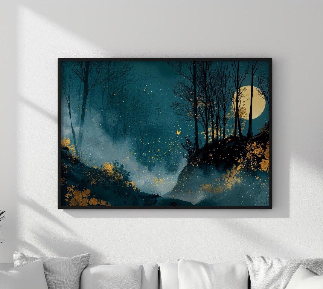 Mystical Moonlit Forest Gold Framed Canvas, Night Landscape Wall Art ...