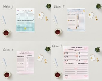 Daily Planner Printable – 4 Cute Versions | A4 PDF | Time Block, To-Do List & Priorities | Instant Download