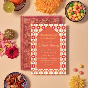 Invitación de mehndi inspirada en traje Gota / Plantilla de invitación de boda digital / Tarjeta de mehndi de Bollywood / Descarga editable de Canva