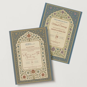 May include: Two wedding invitations with a blue and cream colour scheme. The invitations feature floral and geometric designs, with text in the centre. The text includes the names "Shan & Neelam" and the date "July 28, 2025".