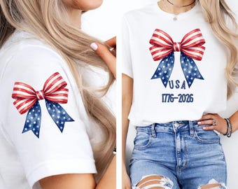 America 250th Anniversary Bow Shirt for Women, Patriotic Tee, Bow USA Semiquincentennial