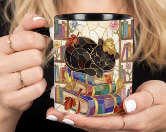 Stained Glass black Cat Mug, Sleeping Cat Coffee Mug, Book Lover Gift, Cat lover Gift, Cozy  strained glass INSPIRED.