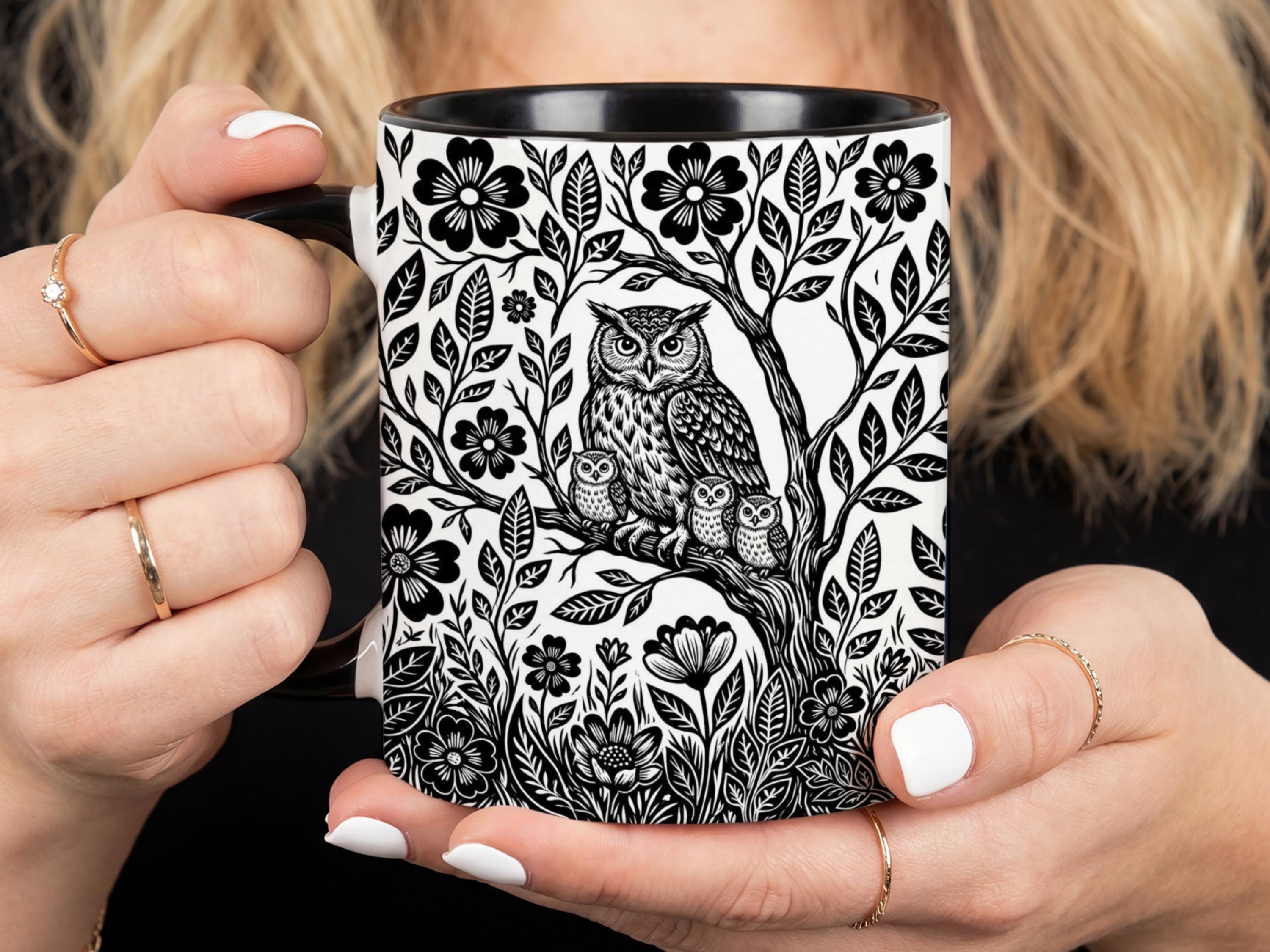 Owl Mug, Baby Owl Coffee Mug, Forest core Coffee Cup, Black and White Woodland Owl Mug, Nature Lover