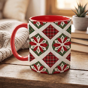 Christmas Quilt Pattern Mug, Festive Patchwork Coffee Cup, Holiday Tea Drinkware