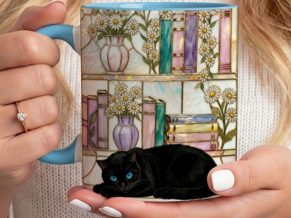 Stained Glass Style Black Cat Book Mug,  Coffee Cup, Book Lover Gift, Cozy Reader Mug, Floral Bookshelf Mug, Library mug.