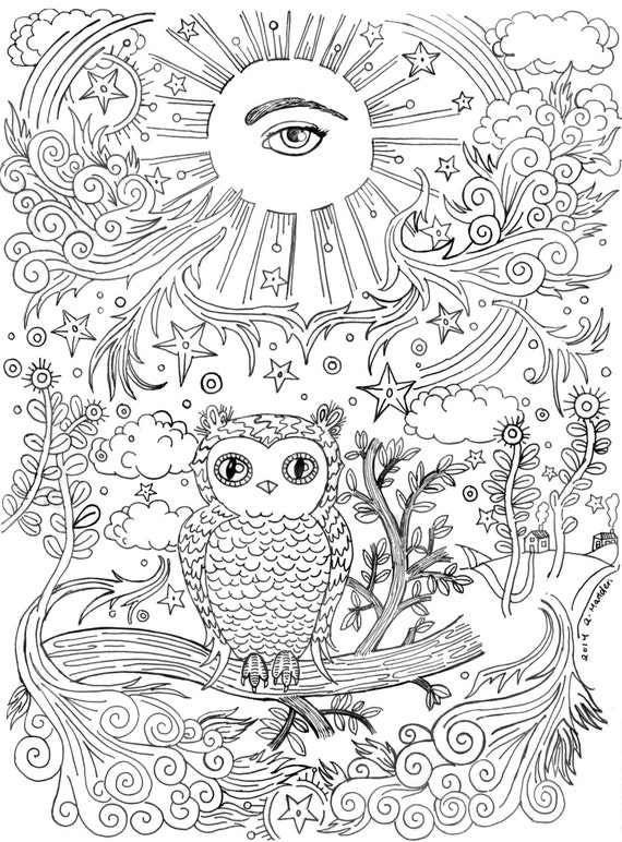 Coloring Book Page All-seeing Eye With Owl on a Branch | Etsy