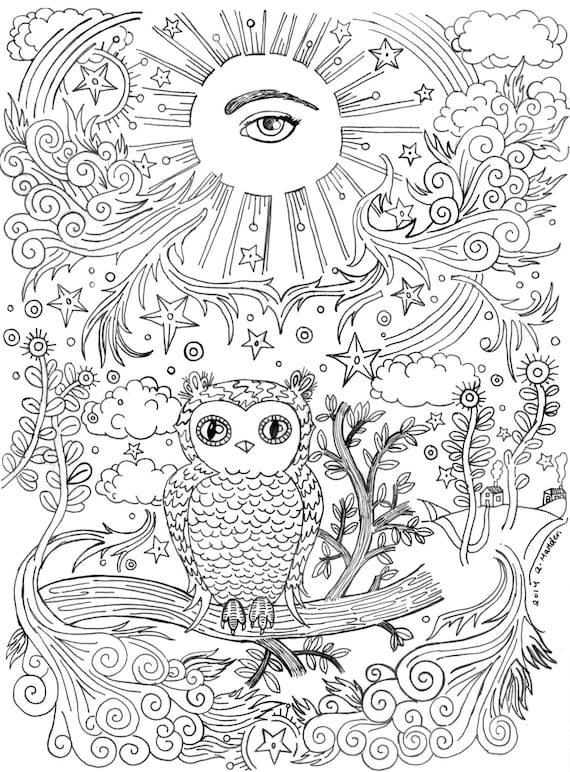 Coloring Book Page All-seeing Eye With Owl on a Branch | Etsy