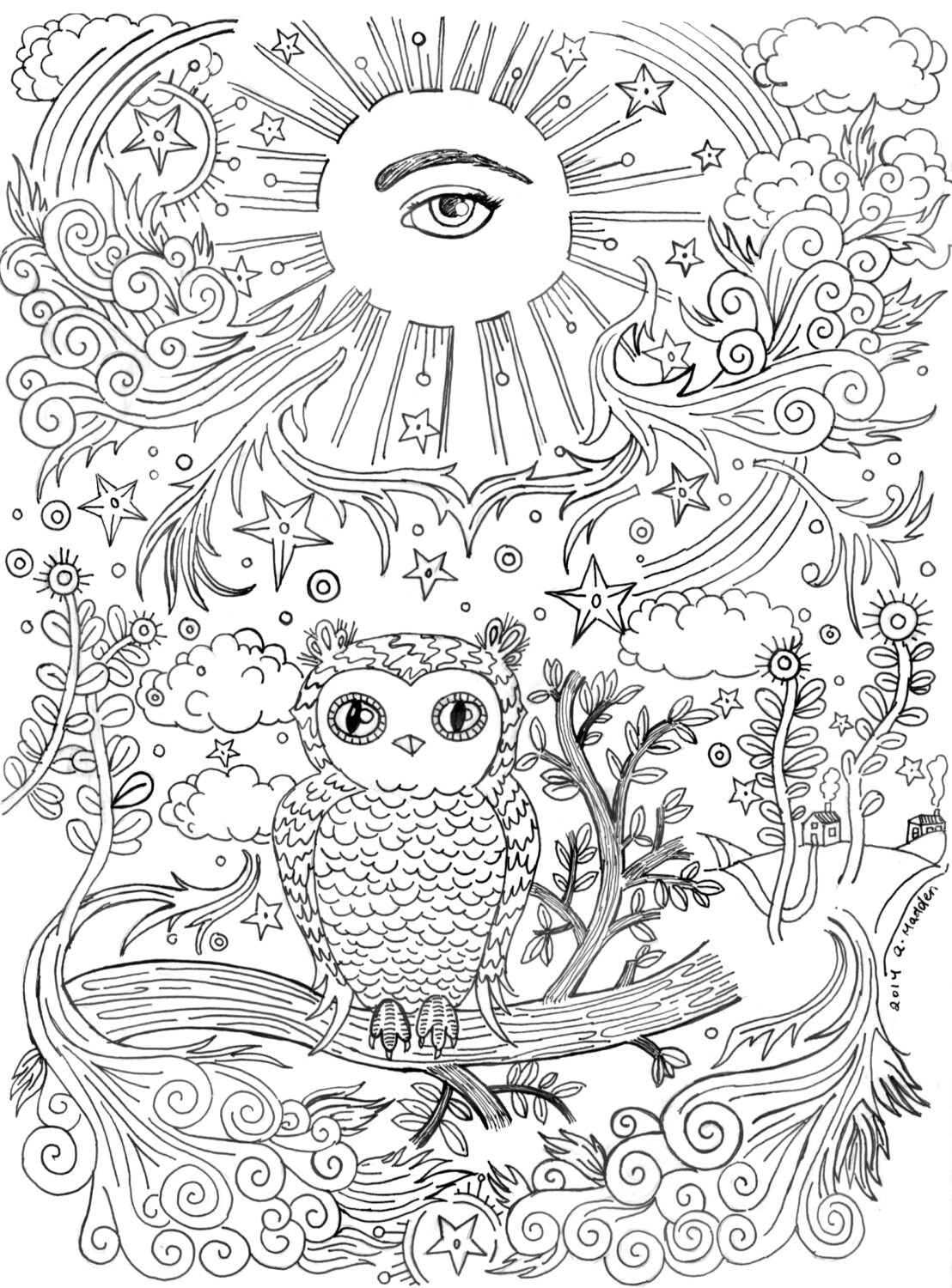 Coloring Book Page All-Seeing Eye with Owl on a Branch - Etsy Nederland