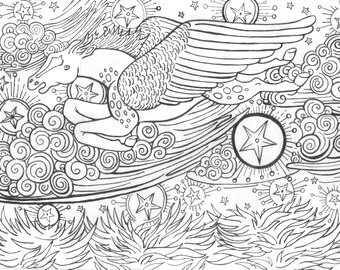 Coloring Book Page- Winged Horse With Stars, printable pdf