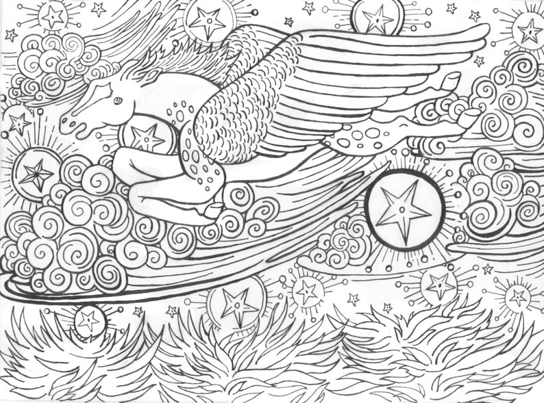 Download Coloring Book Page Winged Horse With Stars printable pdf | Etsy