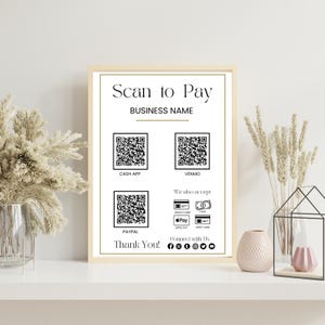 May include: A framed sign with the text "Scan to Pay" and a business name. It displays QR codes for Cash App, Venmo, and PayPal, along with accepted payment methods: credit card, cash, Apple Pay, and debit card. The sign says "Thank You!"