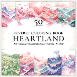Heartland Reverse Malbuch | Valentine Fantasy Kunst | Aquarell Herzen | Druckbare PDF | Digitaler Download