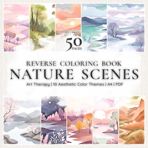 May include: A reverse coloring book titled "Nature Scenes" with 50 pages. The cover features watercolor illustrations of landscapes in various color palettes. Text includes "Art Therapy" and "10 Aesthetic Color Themes".