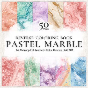 Könnte beinhalten: Ein Pastel-Marmor-Malbuch mit 50 Seiten. Das Cover zeigt Marmormuster in Rosa, Türkis, Lila und Gold. Der Text lautet "PASTEL MARBLE" und "Art Therapy | 10 Aesthetic Color Themes | A4 | PDF."