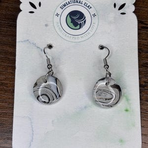 Hint of silver marble drop! Black, gray, and cream swirled with silver sparkly agate look hook dangle, silver tone | polymer clay jewelry