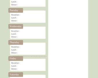 May include: A light green meal planner with the words "Meal Planner" at the top. The planner includes sections for each day of the week, with spaces for breakfast, lunch, and dinner. There is also a "Shopping List" section.