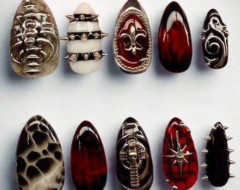 Piper’s Set| Grunge Gothic Press On Nails | 3D Spikes, Skull Charms, Red & Black