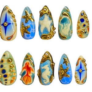 Madison&#39;s Set | Ocean lover&#39;s press on nails | Starfish, jellyfish, & seahorse designs| Aquatic nails| Gold accents | Hand painted nail art