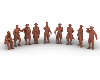 Puede incluir: Colección de figuras en miniatura de color terracota de soldados con uniformes históricos. Las figuras están en varias poses, algunas de pie, otras sentadas y algunas sosteniendo armas. Las figuras están dispuestas en una fila.