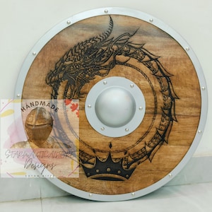 Carved Norse Runic Dragon Shield With Crown Authentic Viking Valhalla Shield | Handmade Viking Shield – Wooden Battle Ready Shield