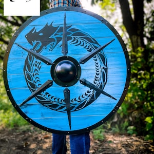 Viking Wooden Blue Dragon Shield Medieval Round Wooden Shield Battle Ready Shield Cosplay Shield Viking Combat Shield Viking For Roleplay