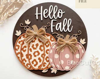 Hello Fall Pumpkin Door Hanger Svg, Autumn Round Sign, Glowforge, Laser Cut File