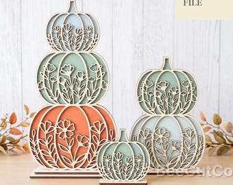 Floral Stacked Pumpkin Bundle SVG, Standing Pumpkins Fall Decor, Glowforge, Laser Cut File