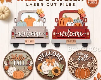 Fall Door Sign Bundle SVG, Welcome Pumpkin Truck Door Hanger, Autumn Sunflower Decor, Glowforge, Laser Cut File