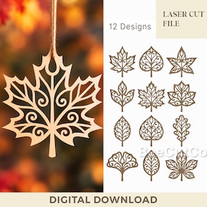 May include: A digital download laser cut file featuring 12 intricate leaf designs. The set includes various foliage shapes with ornate cut-out patterns. One maple leaf design is shown hanging from a string, while the others are displayed in a grid.