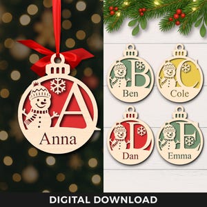 Christmas Balls Monogram Svg, Snowman Bauble Svg, Custom Name Ornament Svg, Editable Tree Ornaments, Laser Cut Files For Glowforge, Cricut