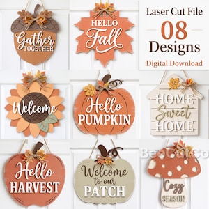 May include: A collection of eight wooden hanging signs featuring seasonal autumn themes including an acorn, maple leaf, sunflower, pumpkins, house, and mushroom. Each sign displays text such as Gather Together, Hello Fall, Welcome, Hello Pumpkin, Home Sweet Home, Hello Harvest, Welcome to our Patch, and Cozy Season.