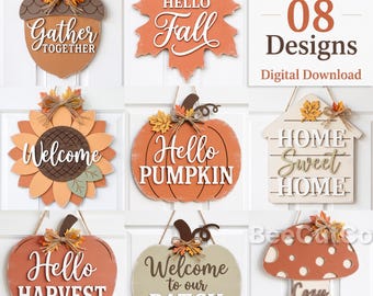 Rustic Fall Welcome Signs Bundle SVG, Hello Pumpkin Door Hanger, Glowforge, Laser Cut File